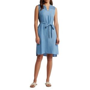 beachlunchlounge Riri Smocked Yoke Tie Waist Sleeveless Chambray Dress NWT S